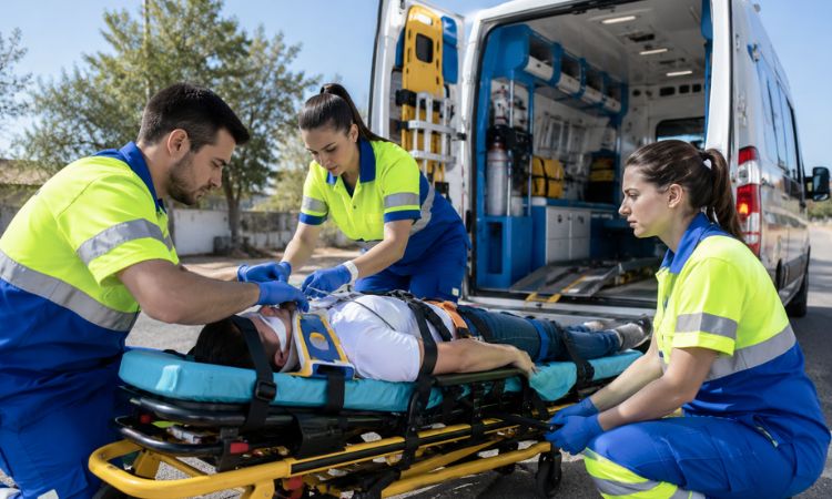 Equipo sanitario realizando atención prehospitalaria a un paciente en camilla junto a una ambulancia.
