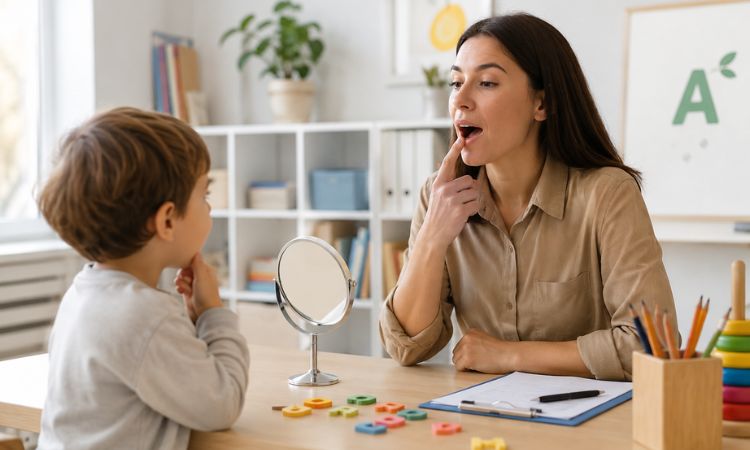 Desarrollo del lenguaje infantil con logopeda realizando ejercicios de pronunciación y comunicación en sesión de atención temprana.