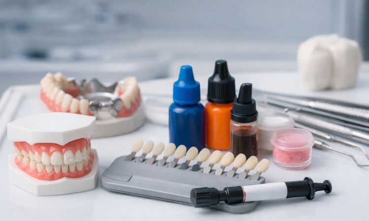 Materiales dentales y herramientas odontológicas organizadas en una mesa clínica con modelo de dientes, guía de colores y productos utilizados en tratamientos de odontología.