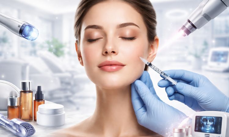 Tratamiento estético facial en clínica con aplicación de procedimiento rejuvenecedor mediante inyección y tecnología avanzada para mejorar la piel.